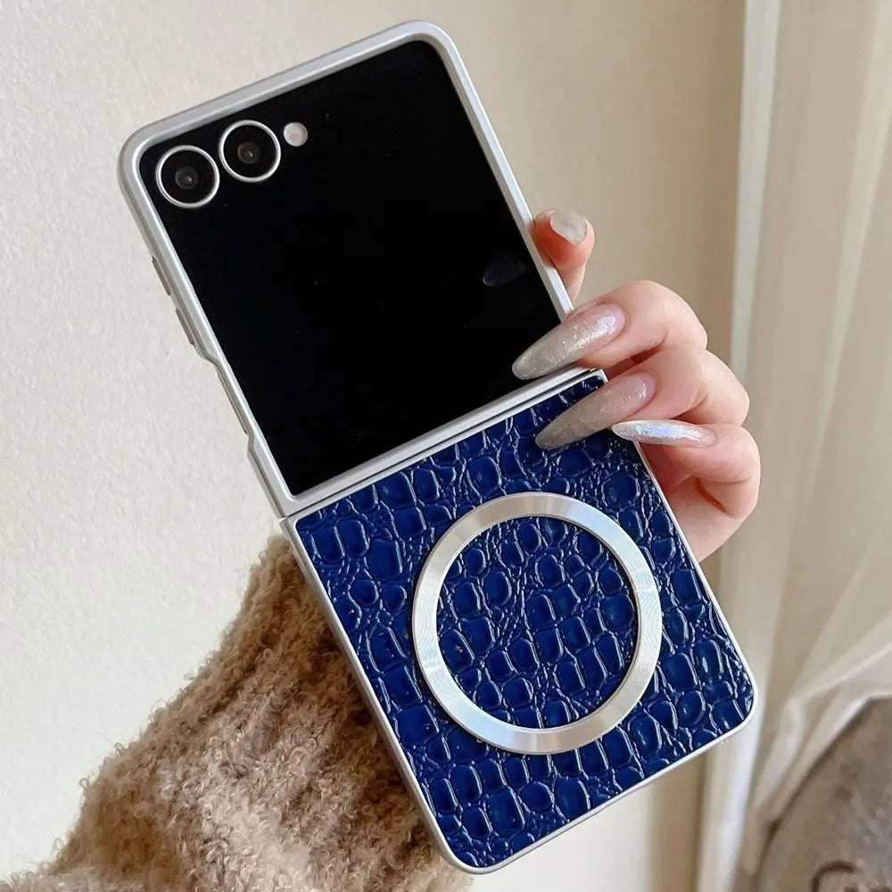 Plating Crocodile Texture For Magsafe Phone Case For Samsung Galaxy Z Flip7 Flip6 5 4 Flip7FE Wireless Charging Shockproof Cover