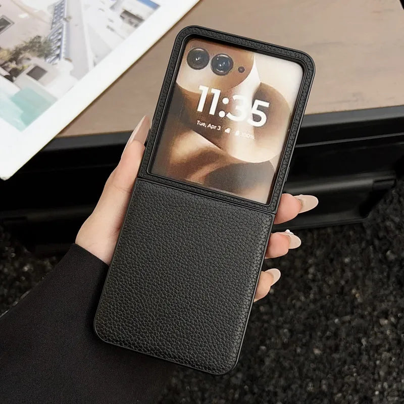 For Motorola MOTO Razr 50 60 Ultra, Razr Ultra 2025 Case ELVEV Vintage Lichee Pattern PU Leather Hard PC Phone Cover