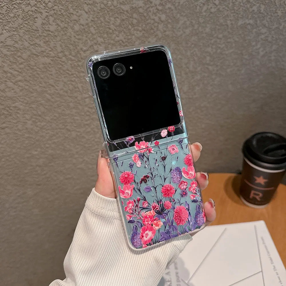 For Motorola Razr 40 50 60 Ultra Pro 60U Case Floral Transparent Folding with Bracelet Shockproof Hard PC Back Cover Accessories