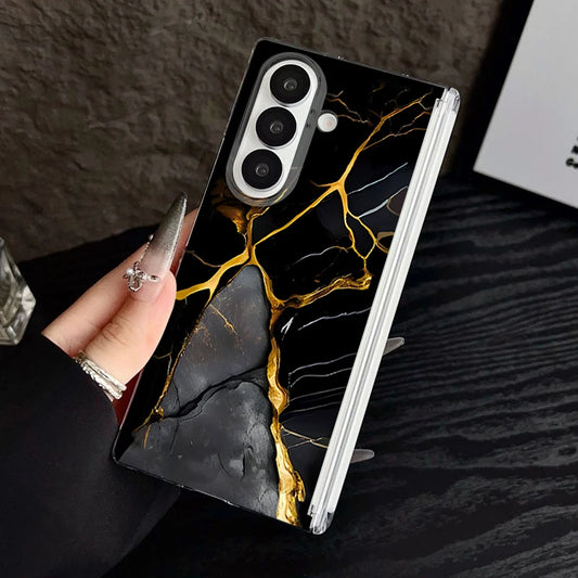 Magnetic Adsorption Clear Case For Samsung Galaxy Z Fold 7 6 5 Fold7 Fold6 Fold5 5G Retro Marble Pattern Shockproof Phone Cover