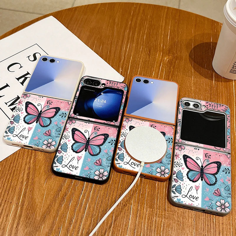 Butterfly Flower Print Magnetic Phone Case For Samsung Galaxy Z Flip 7 FE 6 5 4 3 5G Soft TPU Folding Cover For Samsung Z Flip7