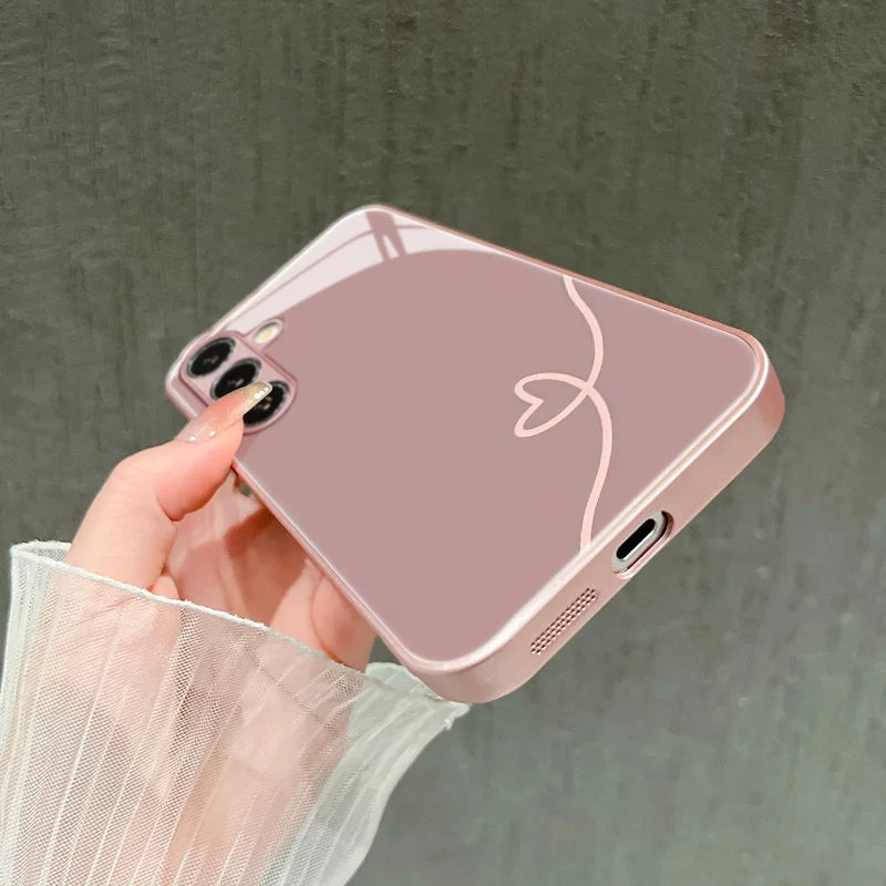 Line heart-shaped electroplated glass phone case suitable for Samsung GalaxyS26 S25 S24 S23 S22 S20S11S10FE/Ultra/Plus anti drop