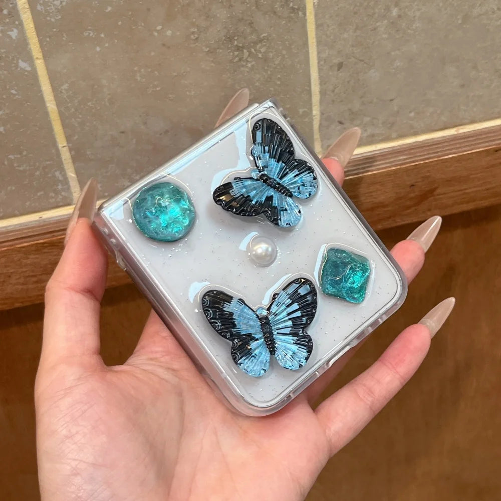 Black Blue Butterfly Glitter Transparent Case for Samsung Galaxy Z Flip 8 7 6 5 flip 7FE zflip8 Resin Dripping Pearl Clear Cover