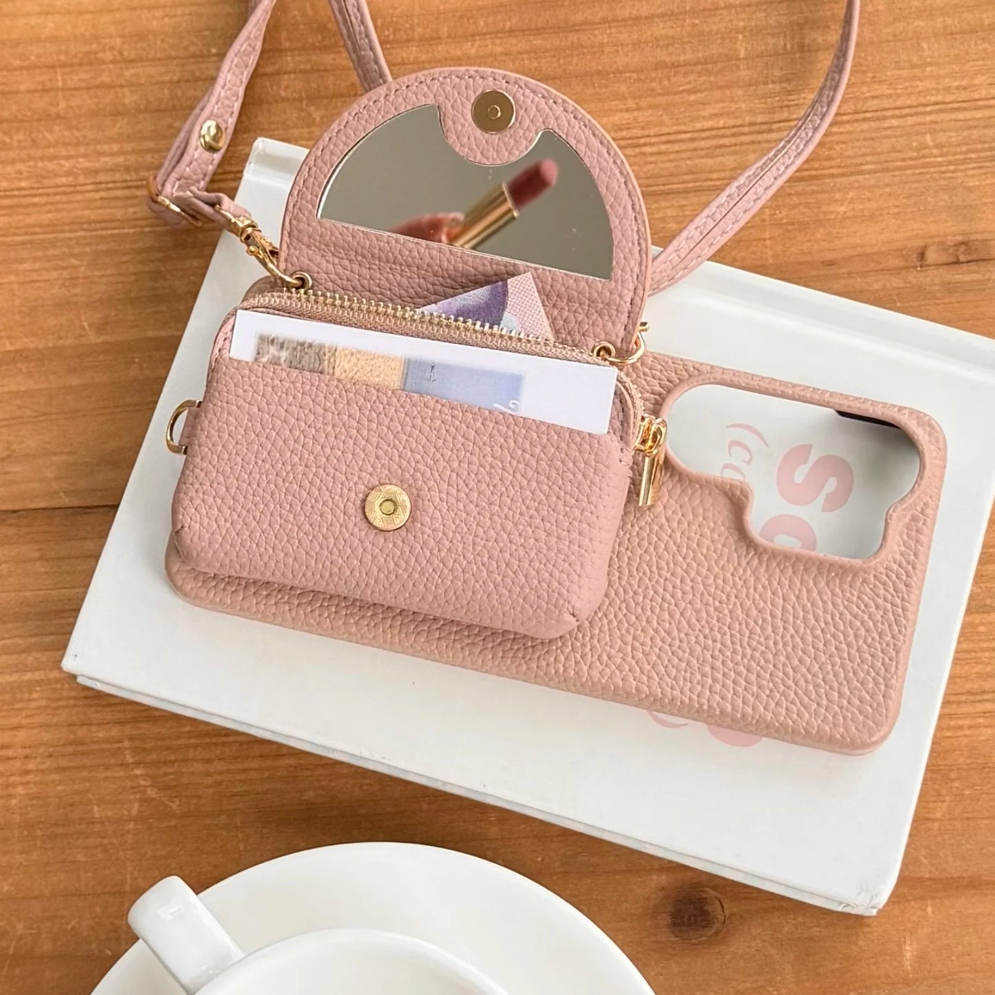Crossbody Long Lanyard Leather Cards Bag Case for Samsung S26 Ultra S25 S24 Plus A17 A07 A57 A37 Built in Makeup Mirror Cover