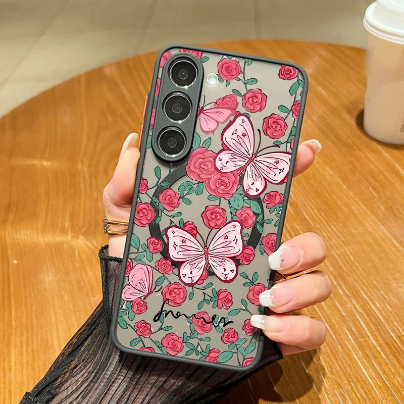 Flowers Print Phone Case For Samsung Galaxy A56 A36 A26 A16 A55 A15 S25 Edge S24 Plus S23 S22 Ultra S24 S23 FE Magnetic Cover