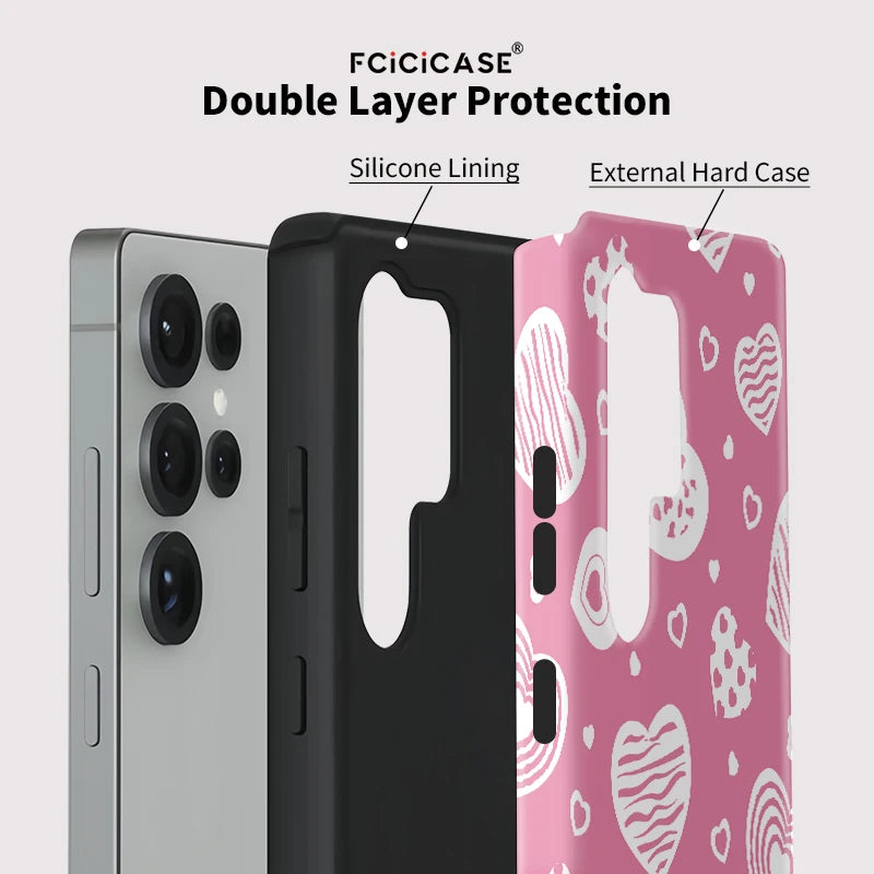 Fcicicase Love Heart Print Phone Case For Samsung Galaxy S25 Ultra S24 Plus S20 FE S23+ A36 A26 A16 A56 Dual Layer Acrylic Cover