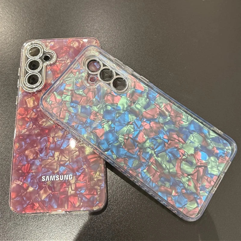 Luxury Aurora Glossy Diamond Shell Pattern Case For Samsung Galaxy A56 A55 A54 A53 A54 A36 A35 A34 Lens Film Laser PC Hard Cover