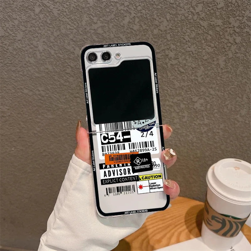 For Samsung Z Flip 5 6 Case Retro Bar Code Art Label Folding Phone Case for Samsung Z Flip 4 Z Flip3 Transparent Hard Back Cover