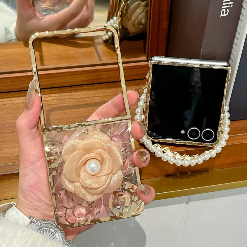 Water Waves Plated Rose Flower Texture Casing For Samsung Galaxy Z Flip 8 Case Flip7 With Pearls Bracelet Mobile Phone Cover