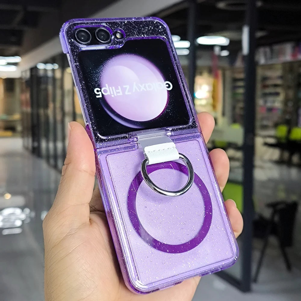 Z Flip7 FE Glitter Transparent Magnetic Ring Phone Case For Samsung Galaxy Z Flip 7 6 5 4 3 Wireless Charging Shockproof Cover
