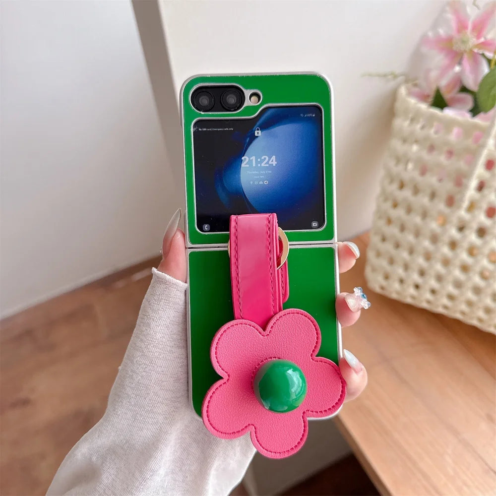 3D Flowers Leather Wrist Strap Phone Case For Samsung Galaxy Z Flip 7 6 5 4 3 Flip6 Z Flip7 Plating Silver Frame Ice Silk Cover