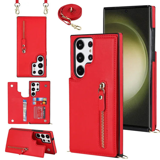 Crossbody Zipper Wallet with Card Holder Phone Case for Samsung Galaxy S23 S21FE S25 S24 S22 Plus Note 20 Ultra Leather Cover