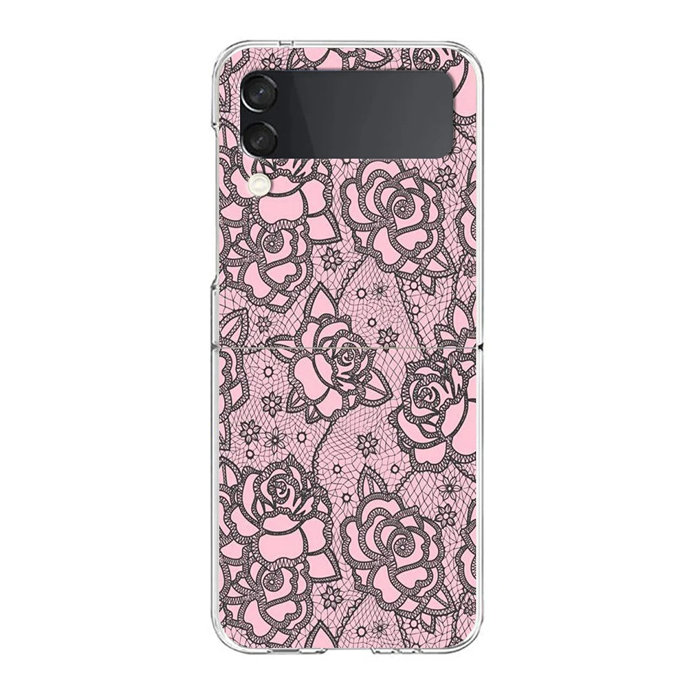 Transparent Phone Case For Samsung Galaxy Z Flip 3 4 5 6 7 Hard Folding PC Z Flip3 Flip4 Cover Lace Printed