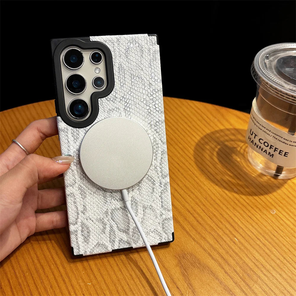Leather Snake Magsafe Case for Samsung Galaxy S25 S24 S25 Ultra S22 S23 Plus Magnetic Wireless Charging Soft Silicone Cover