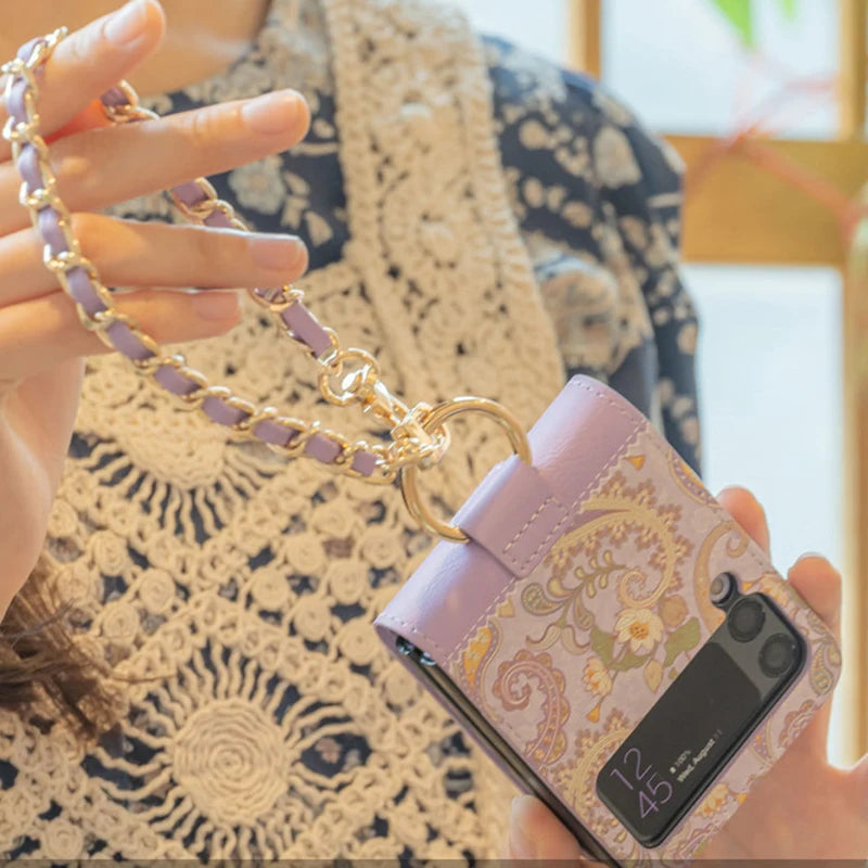 For Samsung Galaxy Z Flip 7 6 Case Flip5 4 3 Folding Screen Case Totem Texture Premium Leather Premium Elegant Trendy Phone Case