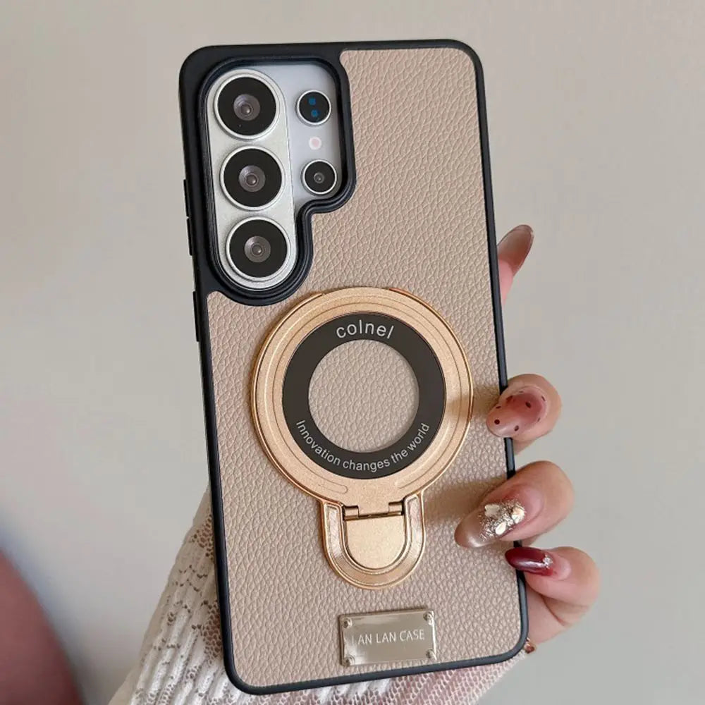 Luxury Lychee Leather for Magsafe Stand Holder Phone Case For Samsung Galaxy S26 S25 S24 S23 Ultra Plus Bracket Shockproof Cover