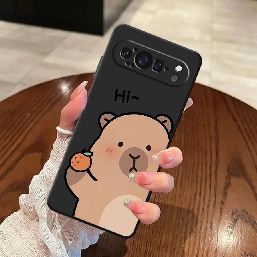 Phone Case for Google Pixel 7a 6 7 8 Pro 9a 10 9 Pro XL 8a 6a Black Soft Shell Cute Capybara Cartoon