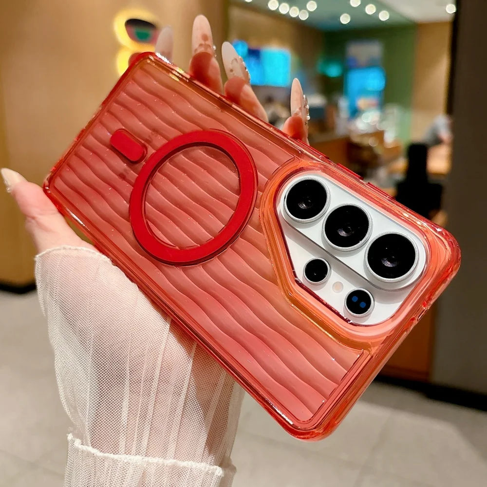 Crystal Clear 3D Wave Pattern Magnetic Acrylic Case For Samsung S26 Ultra S25 S24 Ultra Wireless Charging Shockproof Hard Cover