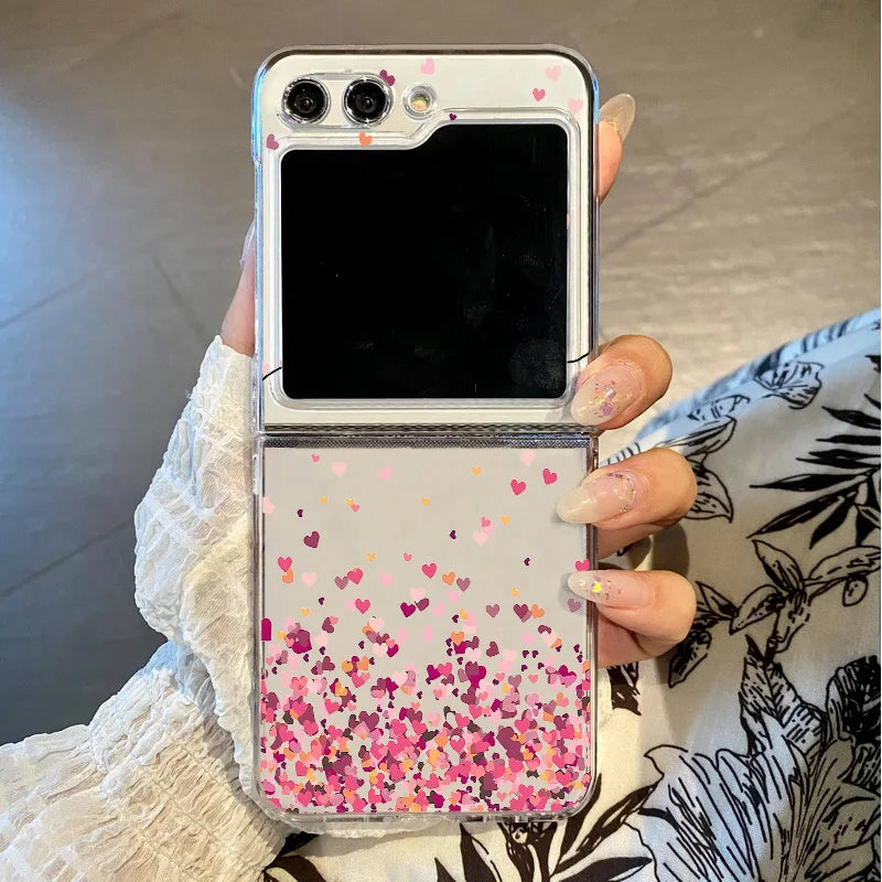 Love Heart Print Clear Folding Phone Case For Samsung Galaxy Z Flip 7 6 5 4 3 5G Transparent Cover For Samsung Z Flip7 FE Flip6