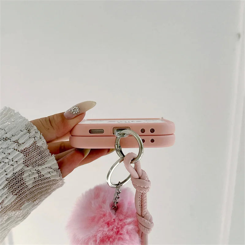 Pink Floral Smile Clear Hinge Strap Furry Ball Phone Case For Samsung Galaxy Z Flip 8 7 6 5 4 3 Z Flip8 Cute Shockproof Cover Gi