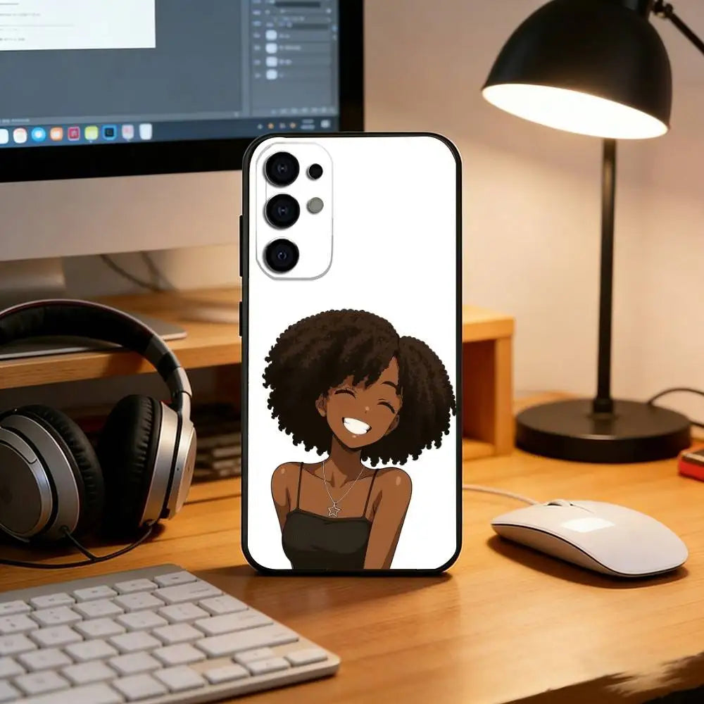 Cartoon African Black Girl Phone Case For Samsung S25,S24,S21,S22,S23,S30,Ultra,S20,Plus,Fe,Soft Silicone Black Cover