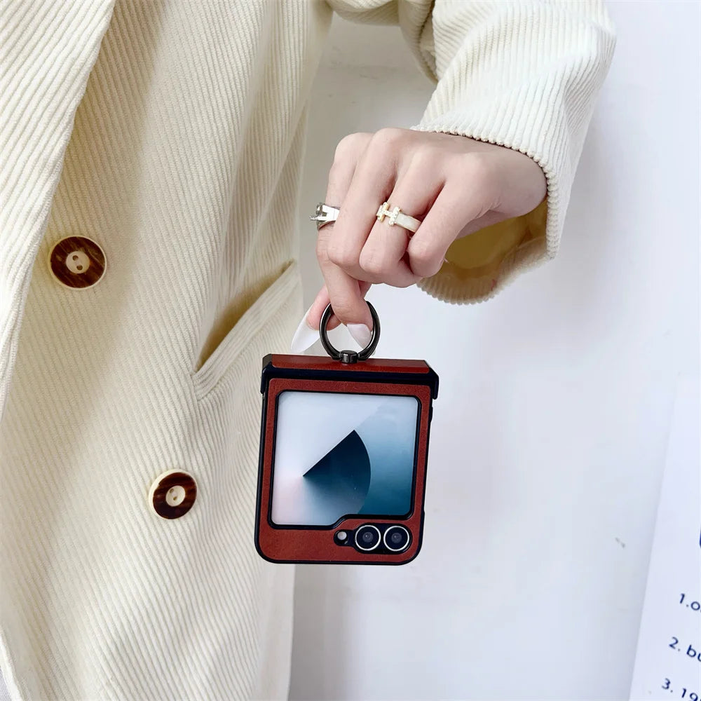 For Samsung Z Flip6 Flip 7 6 5 Luxury Leather Ring Holder Phone Case for Galaxy Z Flip7 Z Flip 5 4 3 3in1 Hinge Protection Cover