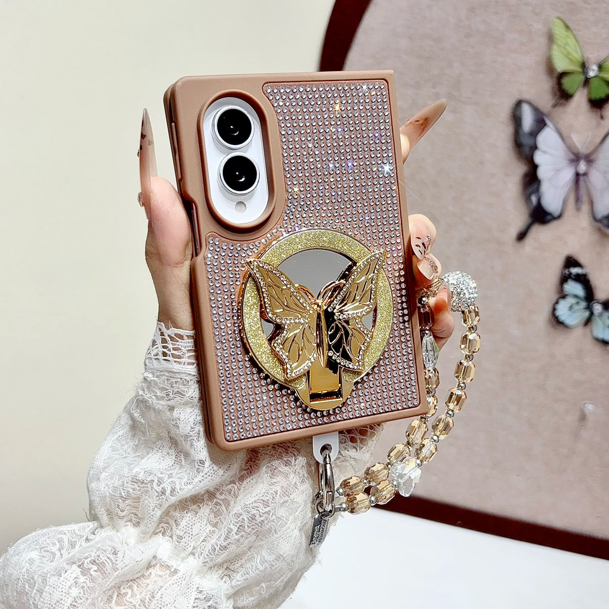 Full Diamond Butterfly Mirror Stand‌ Phone Case for Samsung Galaxy Z Fold8 Fold 8 Wide Shockproof Fashion Strap Slim Fit Cover