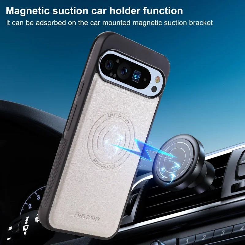 Luxury PU Leather Car Magnetic Phone Case for Google Pixel 10 Pro XL Pro 9A 9 7A 7 6A 6 Back Cover Wireless Charging Hoesje Bag