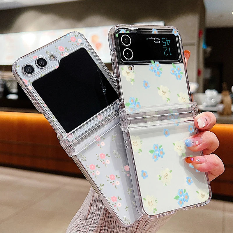 Hinged Simple Style Small Flower Case For Samsung Galaxy Z Flip 6 5 4 3 Clear Hard Folding Cover For Samsung Z Flip6 Flip5 Flip4