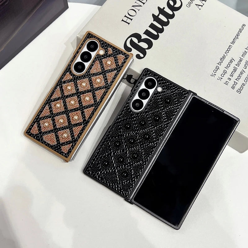 New Luxury Solid Color Pearl Shockproof Folding Phone Case For Samsung Galaxy Fold 6 5 4 3 Bumper Back Cover