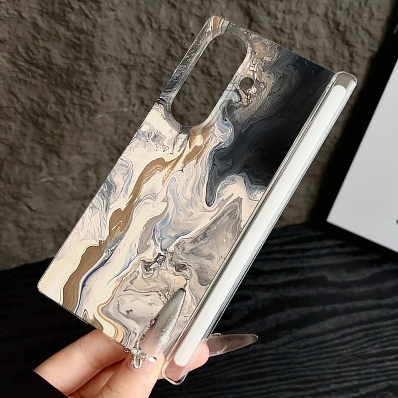 Magnetic Adsorption Clear Case For Samsung Galaxy Z Fold 7 6 5 Fold7 Fold6 Fold5 5G Retro Marble Pattern Shockproof Phone Cover