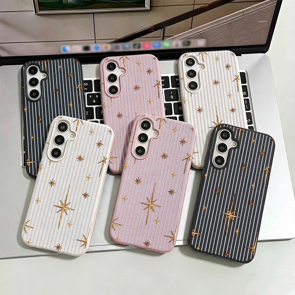Phone Case for Samsung Galaxy S26 S25 S23 Ultra S24 FE A57 A56 A55 A54 5G A07 A06 4G Stripe Gold Star Textured Surface Anti-drop