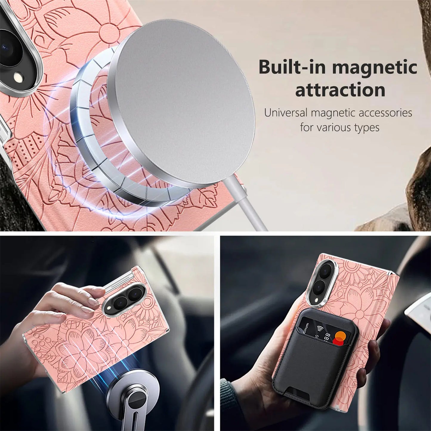 ‌Fashionable Magnetic Embossed Leather Case for Samsung Z Fold 8 Wide Shockproof for Magsafe Central Axis Protection‌ Slim Cover