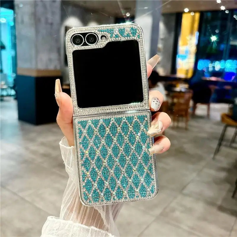 Glitter Bling Plaid Diamond Phone Case For Samsung Galaxy Z Flip 7 Flip6 ZFlip 5 4 Luxury Rhinestone High-end Plating Hard Cover