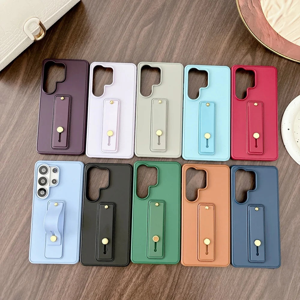 Luxury Plain Wrist Strap Holder Phone Case For Samsung Galaxy S26 S25 S24 S23 S22 Ultra Plus Wristband Protection Cover Bumper