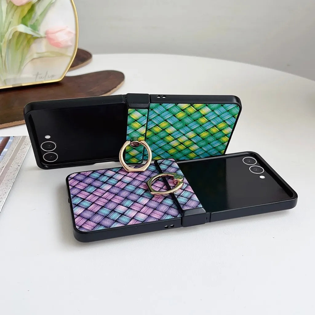 Dazzling Color Weave Pattern Case For Samsung Galaxy Z Flip 7 SE 6 5 4 3 ZFlip7 5G 3-piece Set With Finger Ring Colorful Cover