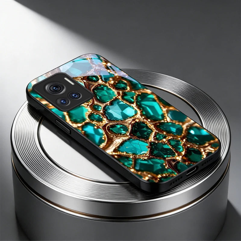 Luxury Green Gem Golden Black Glass Phone Case For Motorola Moto Edge 60 70 20 Lite 30 Pro 40 50 Ultra G45 G54 G55 G75 84 Cover