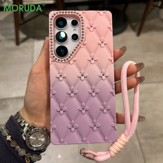 Luxury Glitter Diamond 6D Flowers S25 Edge Gradient Case For Samsung Galxy S25 S24 S23 Ultra Plus FE A26 A16 Wrist Strap Cover