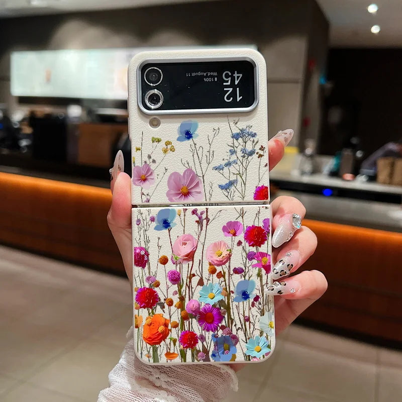 For Samsung Galaxy Z Flip 7 6 5 4 3 5G Luxury Leather Phone Case Retro Flowers Soft TPU Folding Cover For Samsung Z Flip5 Flip3