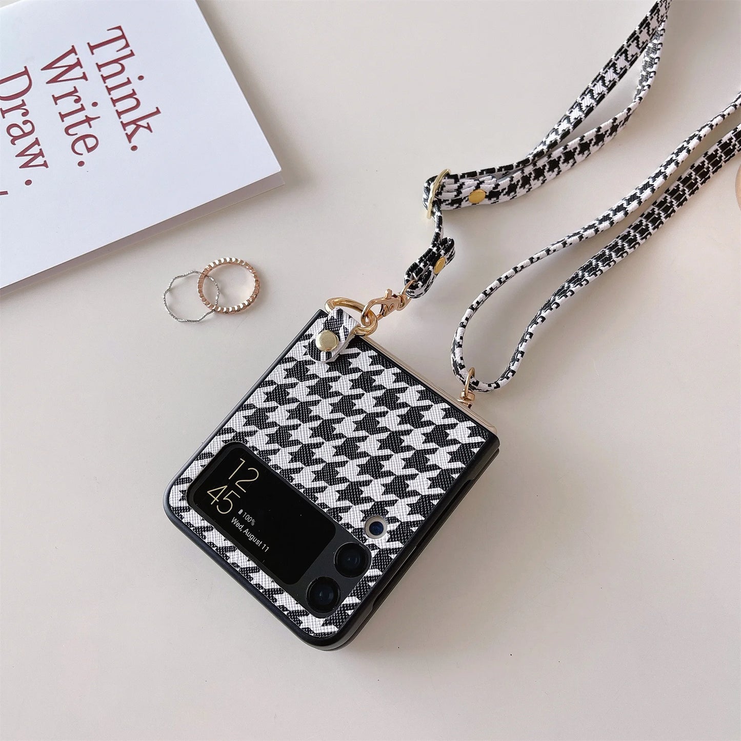 Crossbody Long Lanyard Necklace Strap Houndstooth Leather Case For Samsung Galaxy Z Flip 7 6 5 4 3 5G Flip7 Cover With Rope