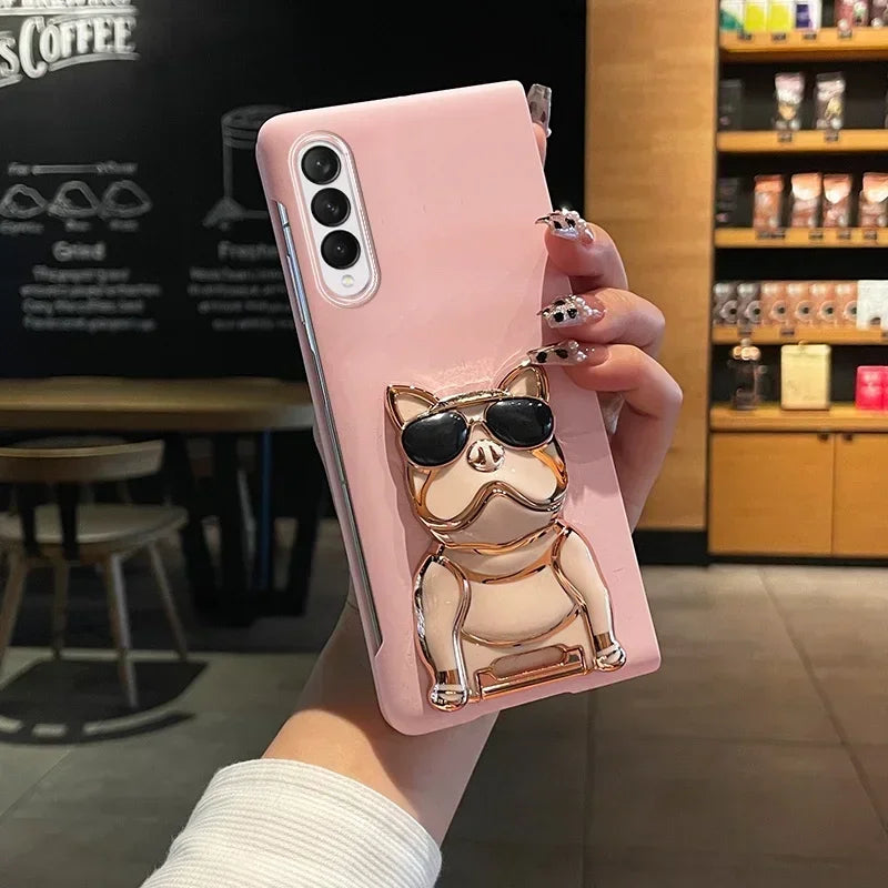 Luxury Fashion Cartoon Electroplated Dog Bracket Case For Samsung Galaxy Z Fold 7 6 5 4 3 2 5G Shockproof Matte Skin Feel Cover