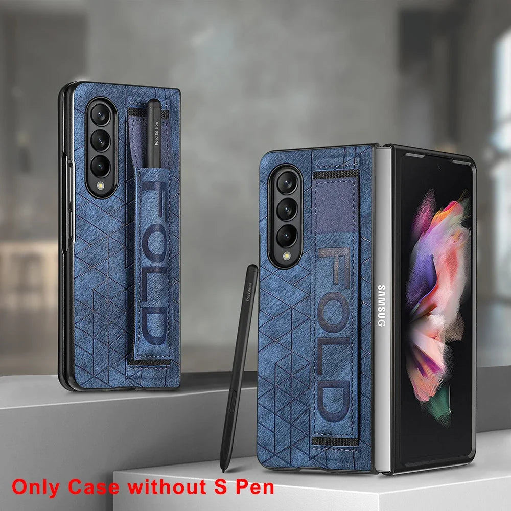 Leather Case for Samsung Galaxy Z Fold 6 5 4 3 5G Cover Stripe Geometric Soft Shockproof Hand Band SPen Slot Shell Funda Holster