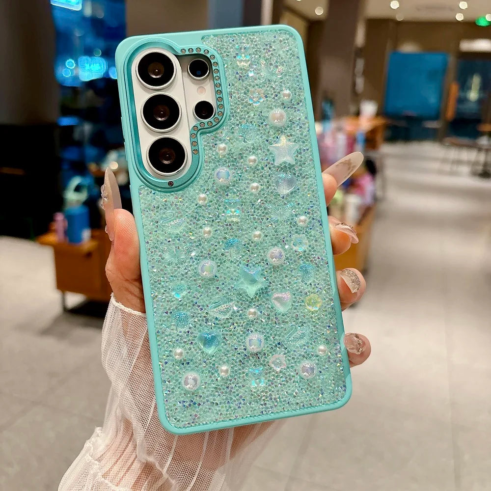 Luxury 3D Pearl Star Glitter Phone Case For Samsung Galaxy S26Ultra S25Ultra Korean Girl Shockproof Protection Back Cover