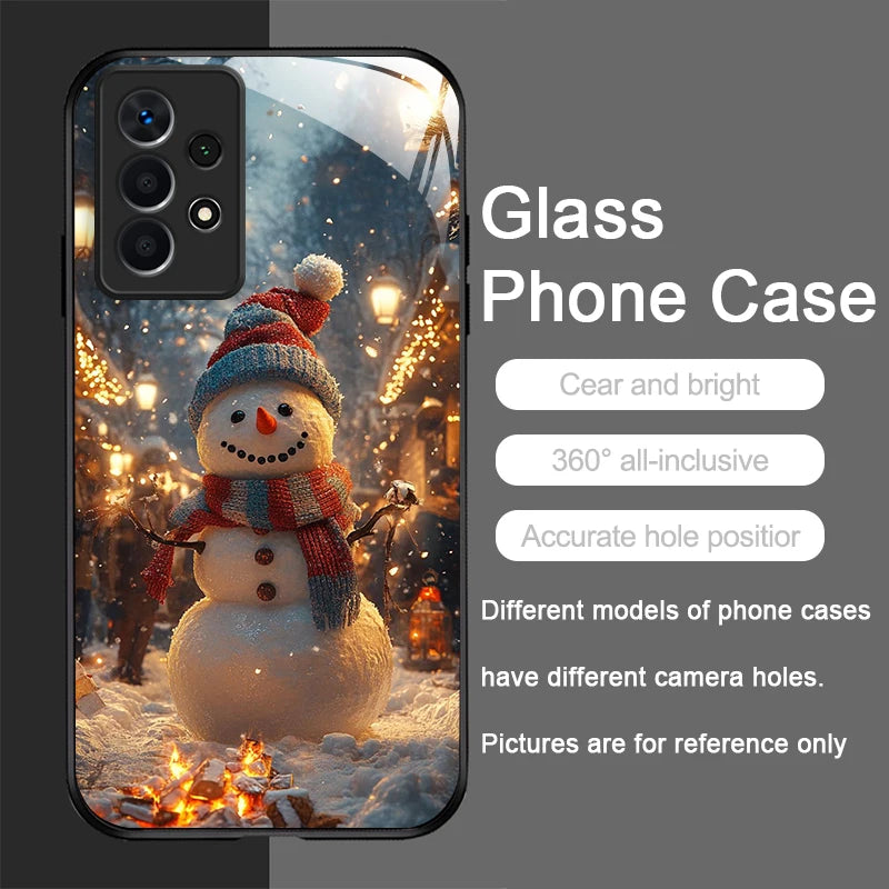 Winter Christmas Snowman Pattern Tempered Glass Phone Case for Samsung Galaxy S25 Ultra S24 S23 Plus S22 S21 S20 FE A56 5G Cover