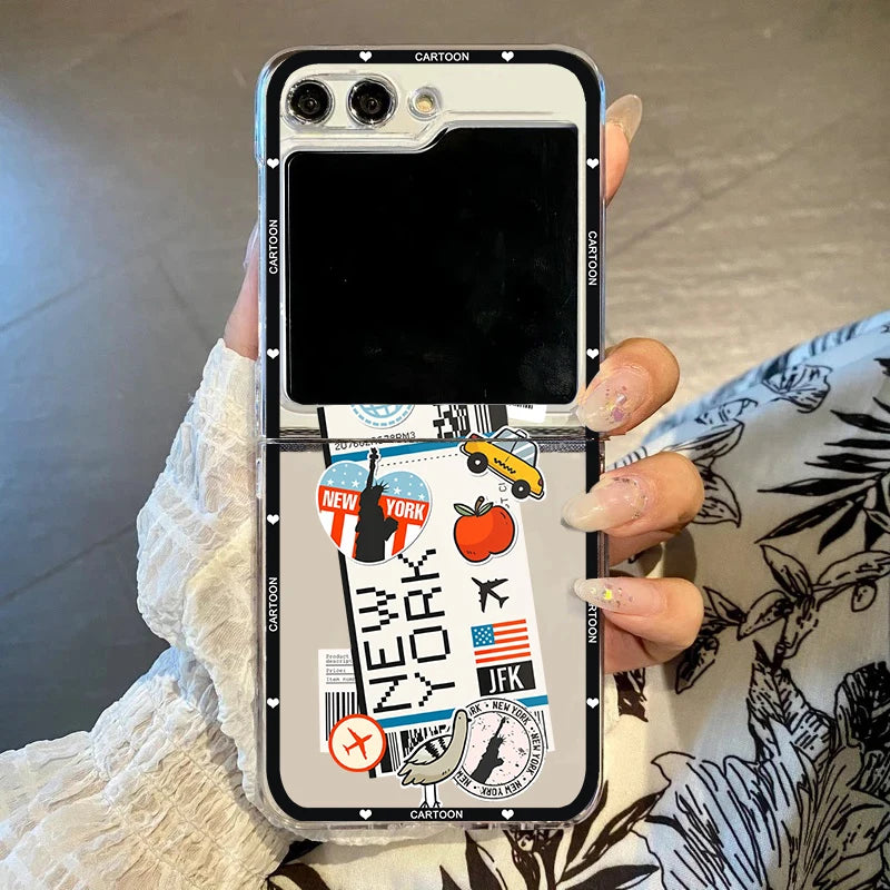 Hot Ticket Travel Label New York Tokyo Phone Case For Samsung Galaxy Z Flip 7 6 5 3 4 Clear Hard PC Folding Cover For Z Flip 6
