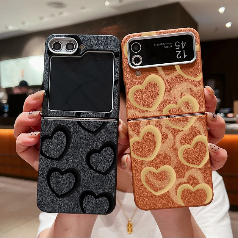 Hollow Out Heart Leather Texture TPU Phone Case For Samsung Galaxy Z Flip 3 4 5 6 Folding Cover For Samsung Z Flip5 Flip6 Flip4