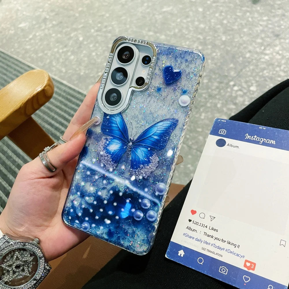 Ins Fashion Butterfly Glitter Cute Case for Samsung Galaxy S26 S24 S25 Plus S23 Ultra S26ultra Bing Love Shockproof Cover Shell