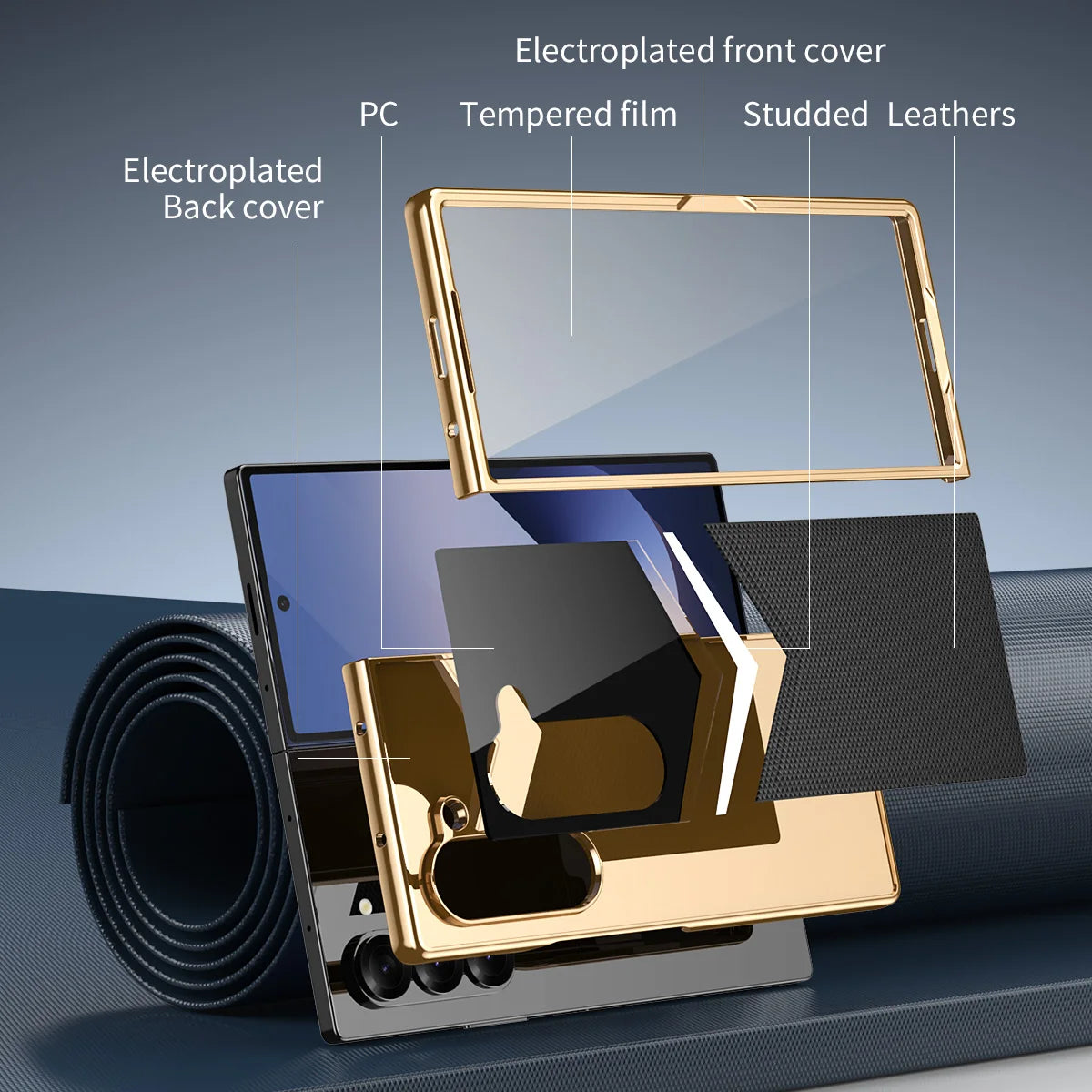 For Samsung Galaxy Z Fold 7 6 5 4 3 Electroplated PC Color Blocked Leather Tempered Film Shockproof Folding Phone Case