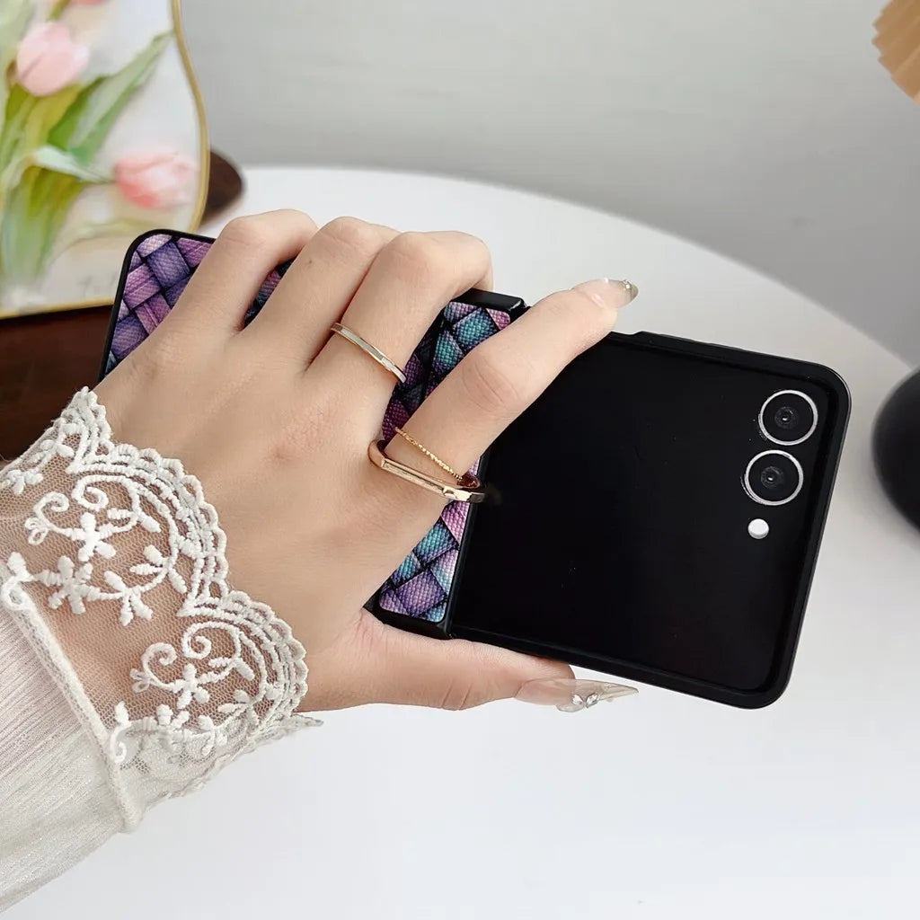 Dazzling Color Weave Pattern Case For Samsung Galaxy Z Flip 7 SE 6 5 4 3 ZFlip7 5G 3-piece Set With Finger Ring Colorful Cover