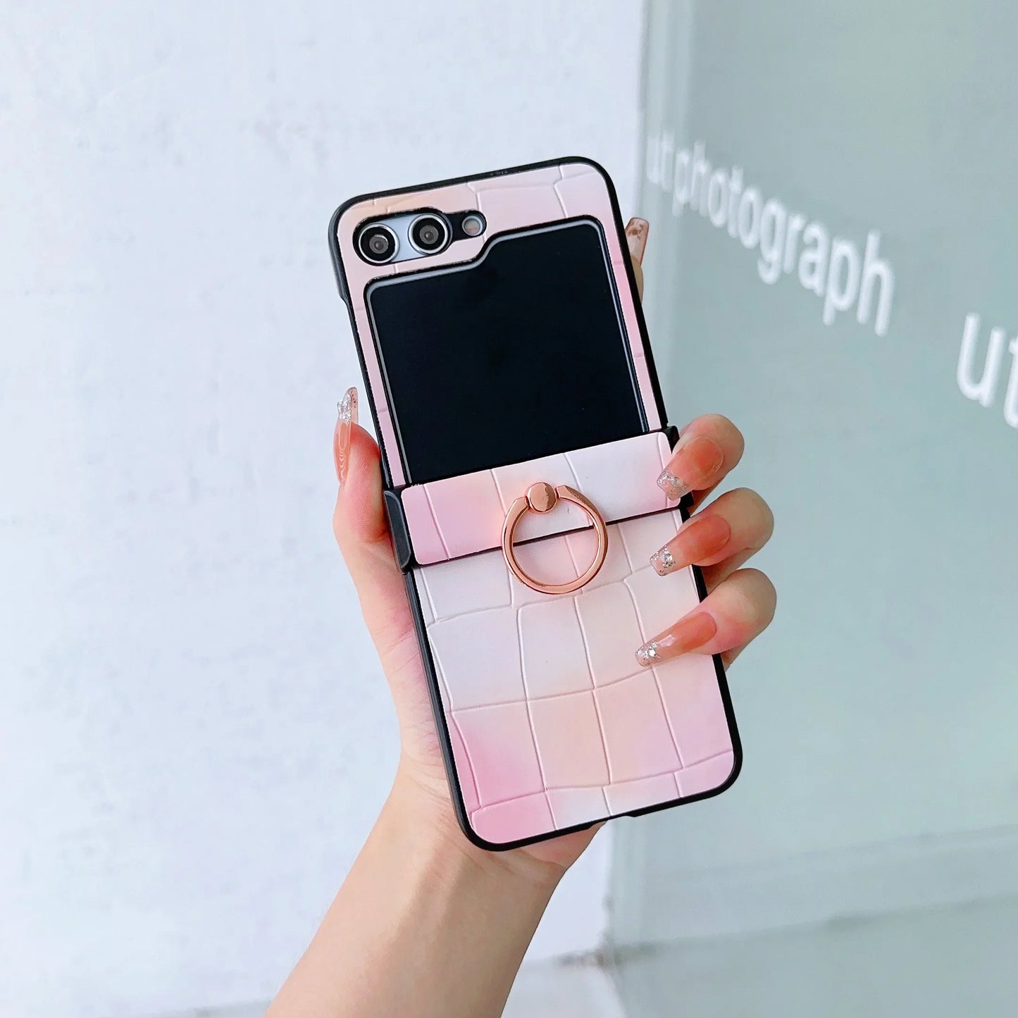 Leather Ring Gradient Color Fall Prevention Phone Case for Samsung Galaxy Z Flip 6 5 4 3  Flip5 Flip4 Flip3 5G Shockproof Cover